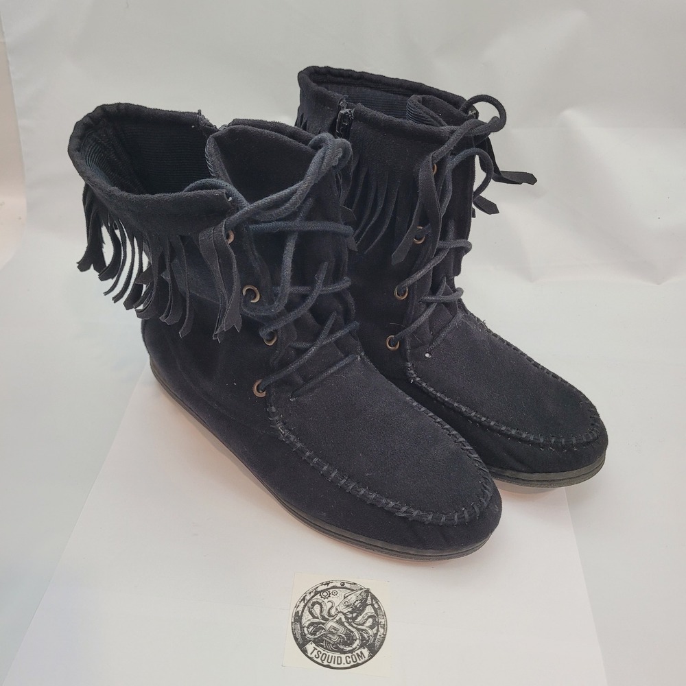 Rue21 etc! Moccasin Boots Womens L 8/9 Black Fringe Lace Up Side Zip Faux Suede